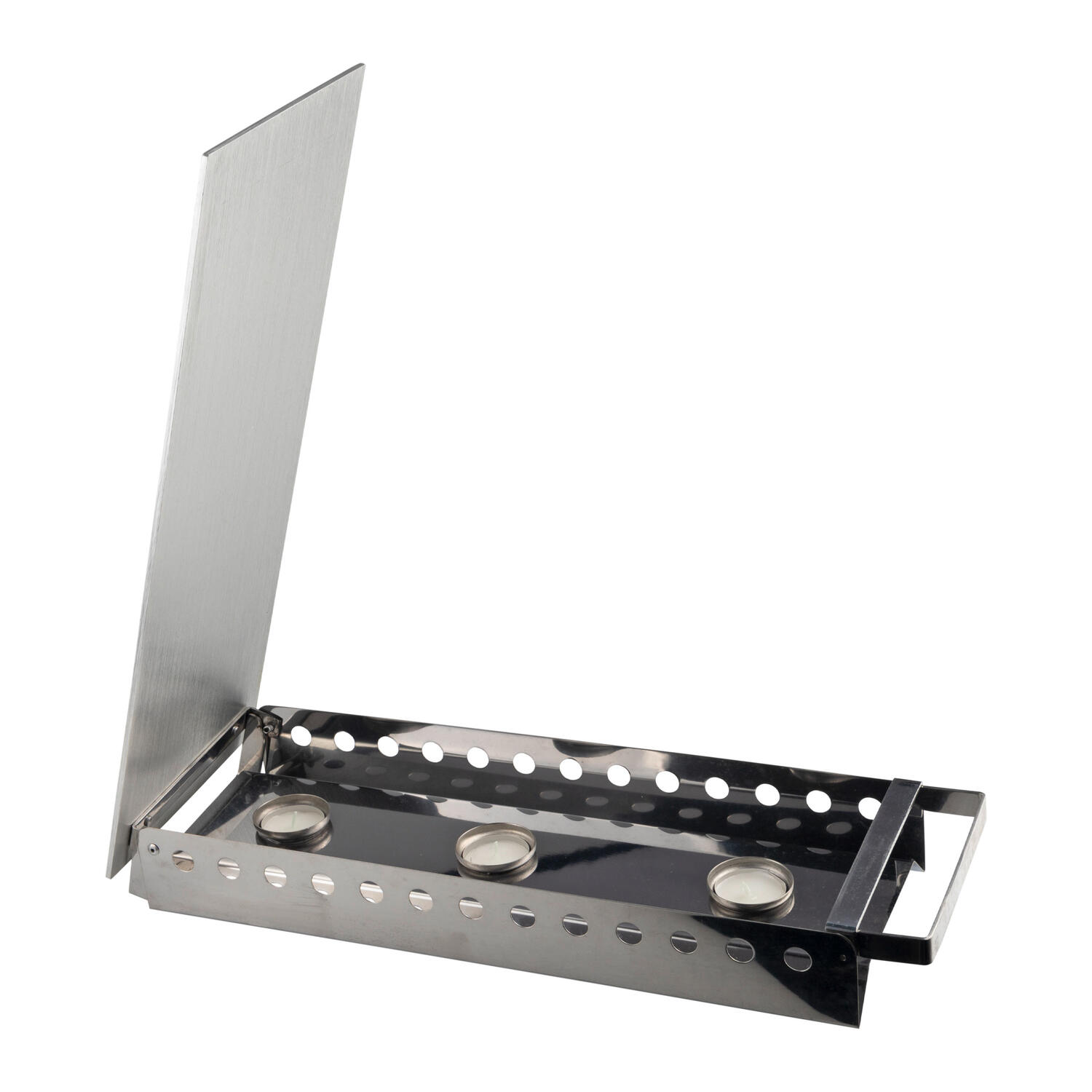 Rechaud aus Edelstahl, Speisew�rmer W�rmeplatte f�r 3 Teelichter silber 49x18x6.5cm