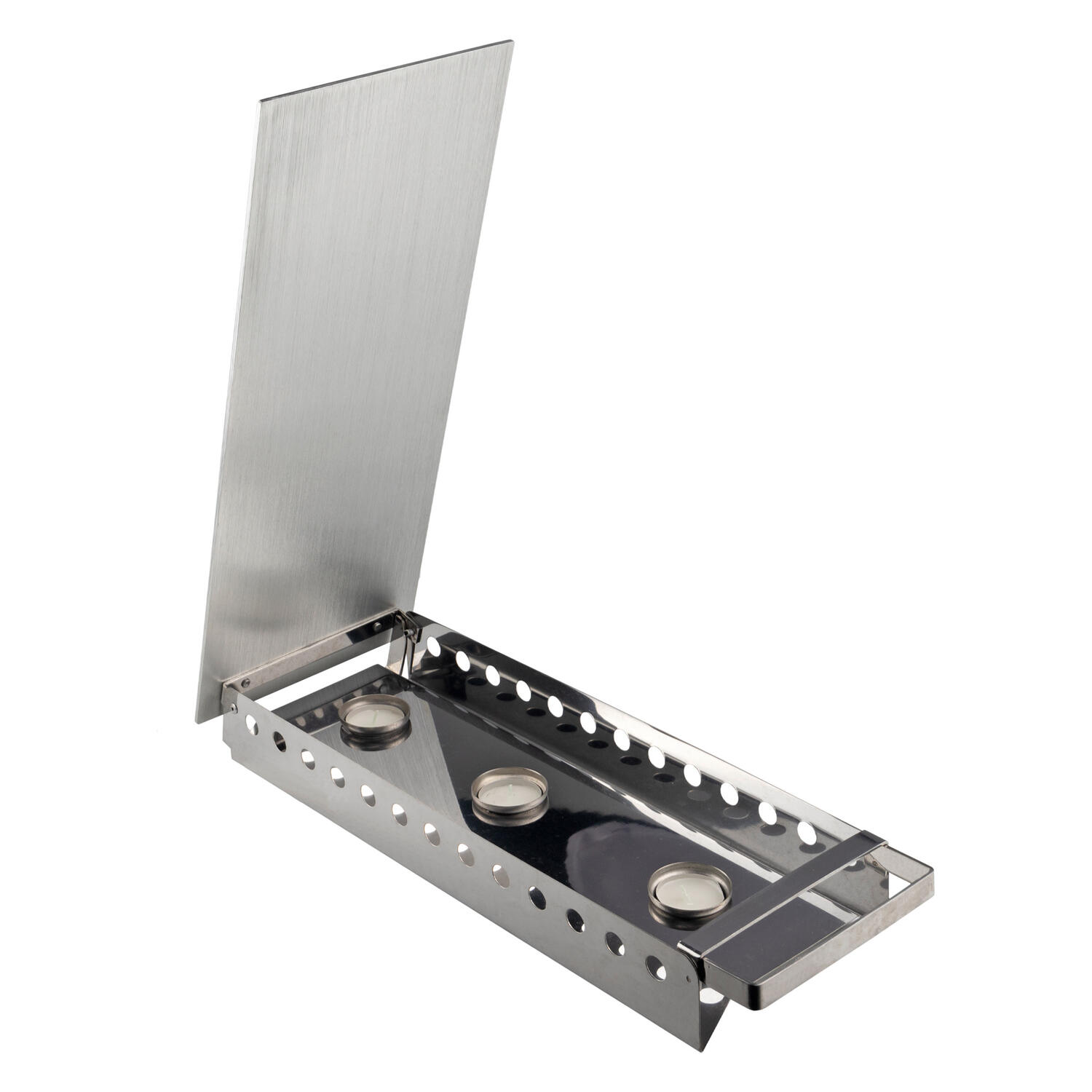 Rechaud aus Edelstahl, Speisew�rmer W�rmeplatte f�r 3 Teelichter silber 49x18x6.5cm