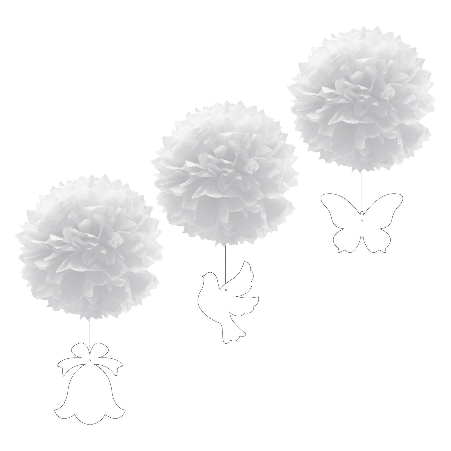 Pompons mit Figuren aus Papier schwer entflammbar wei� �30cm, 3 Stk.