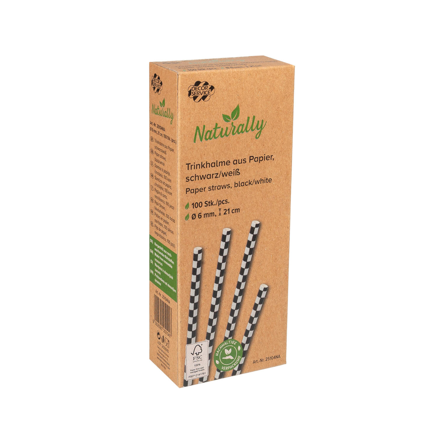 Trinkhalme aus Papier schwarz kariert �6mm, 21cm, 100 Stk.