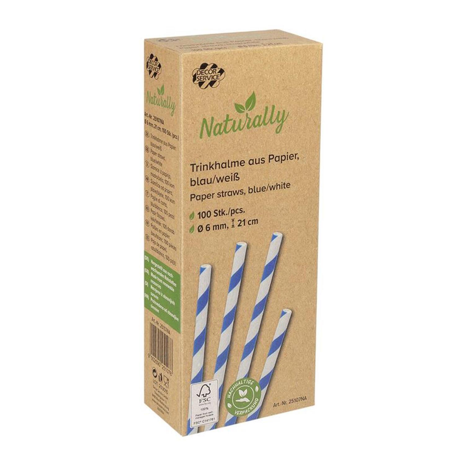 Trinkhalme aus Papier blau gestreift �6mm, 21cm, 100 Stk.