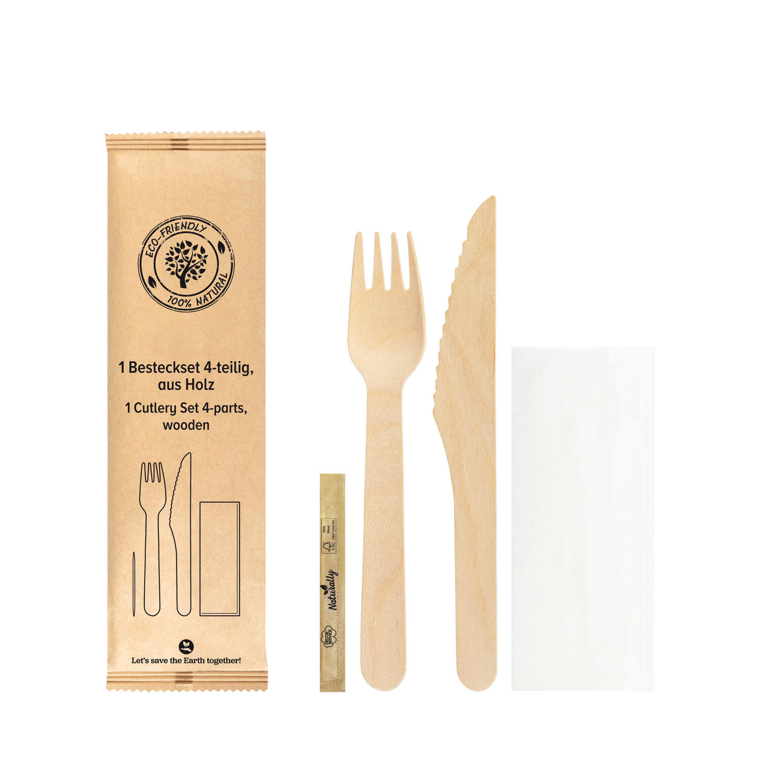 Bestecksets aus Holz 4 tlg. Inkl. Serviette Zahnstocher, 21cm, 25 Sets