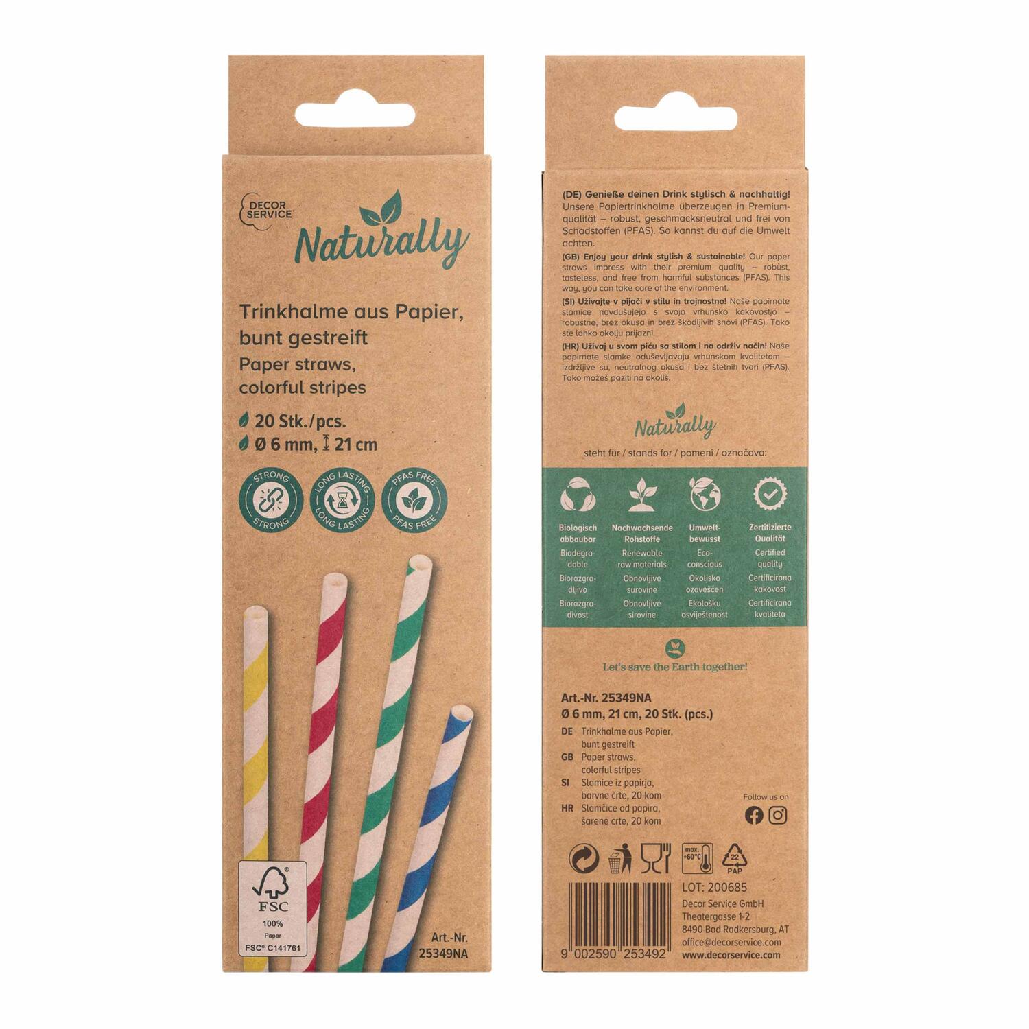 Trinkhalme aus Papier bunt gestreift �6mm 21cm, 20 Stk.