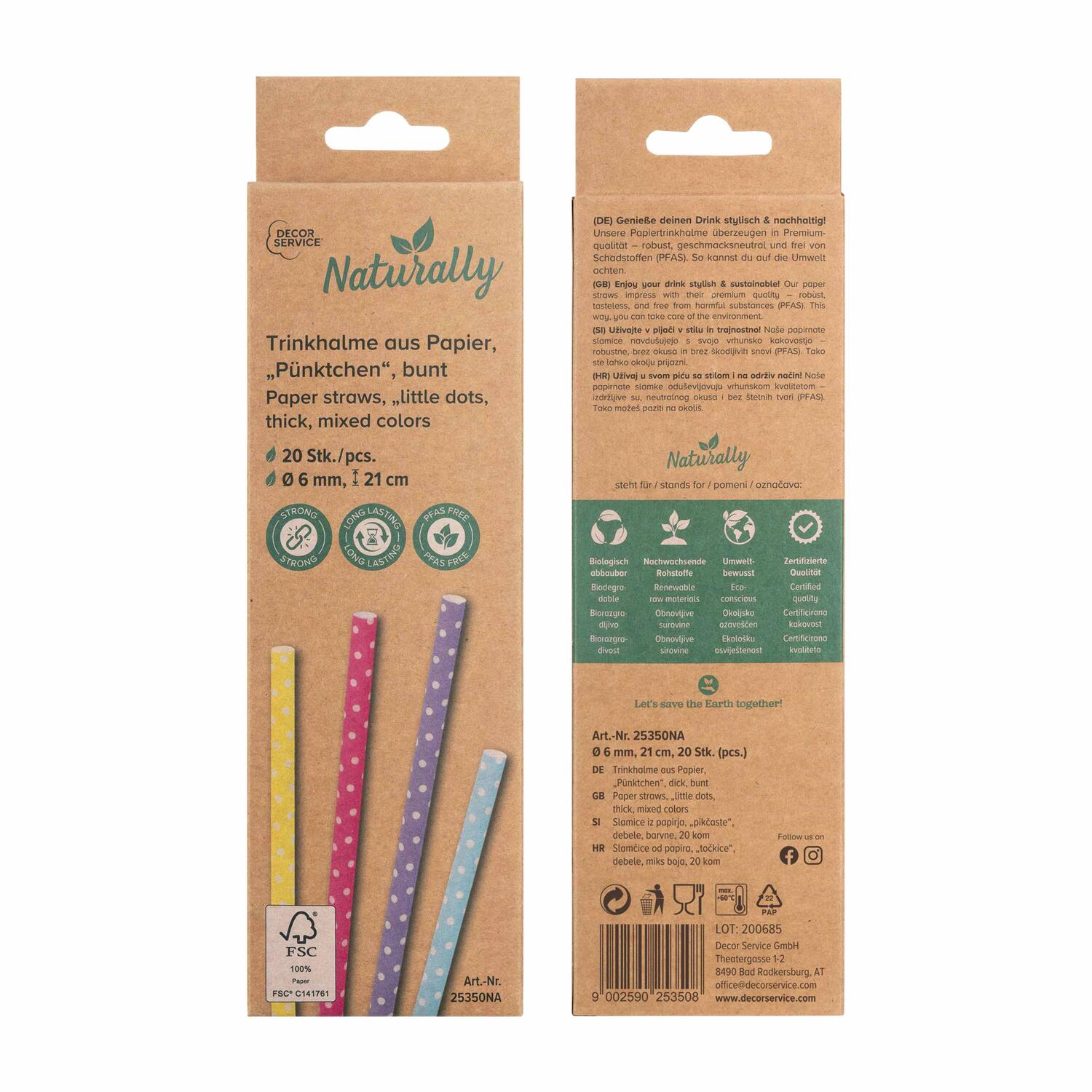 Trinkhalme aus Papier P�nktchen bunt �6mm 21cm, 20 Stk.