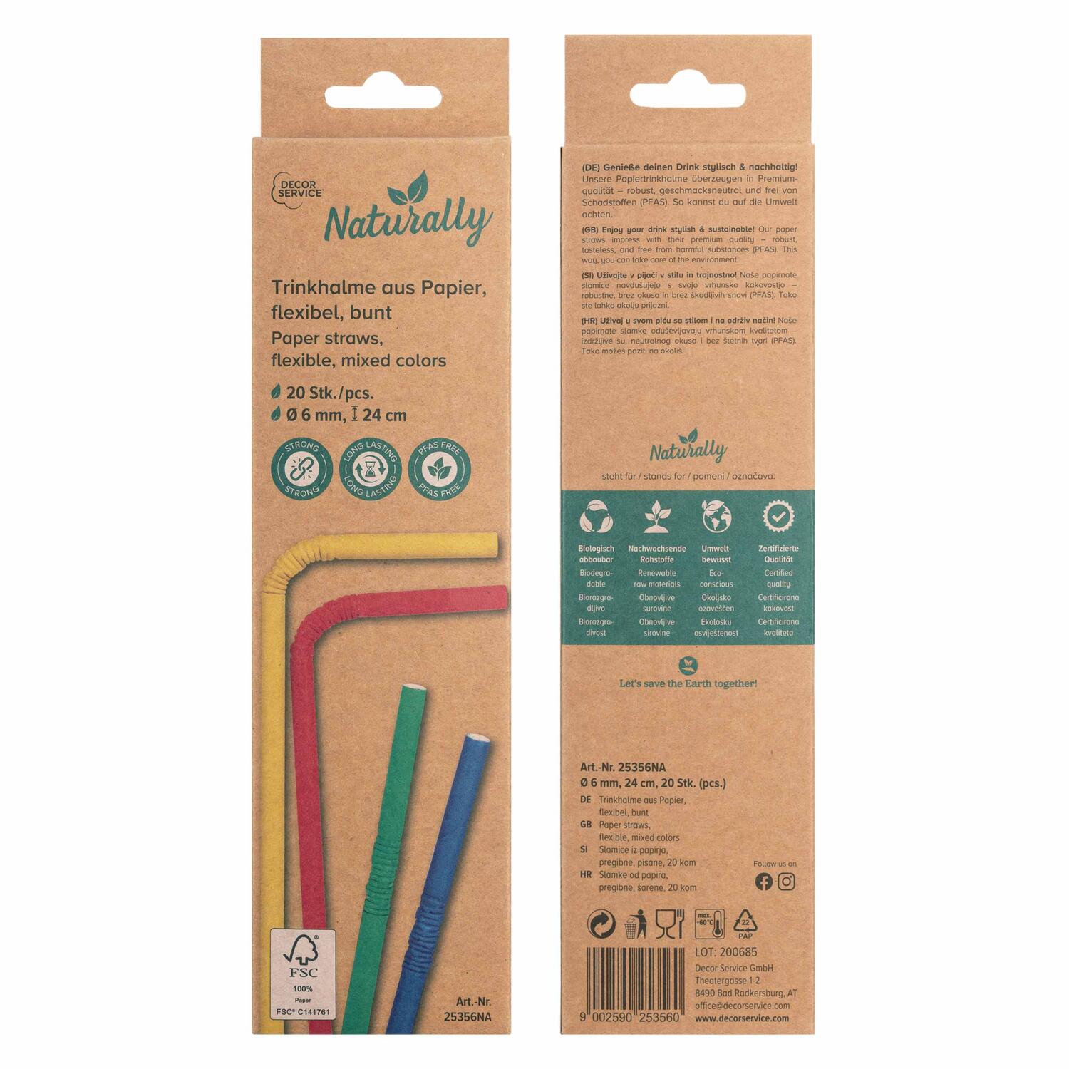 Trinkhalme aus Papier flexibel bunt �6mm 24cm, 20 Stk.