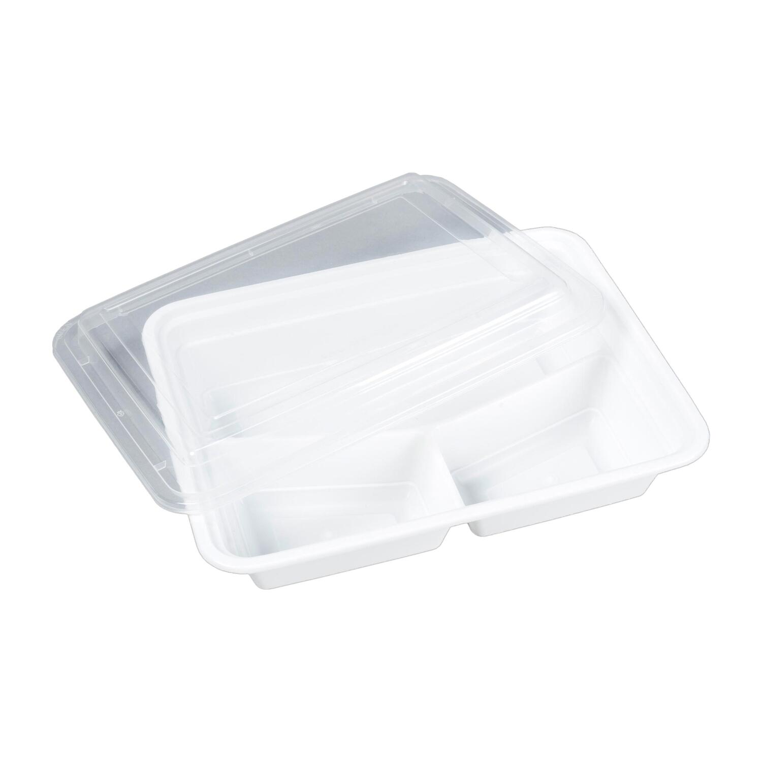 Mehrweg Men�boxen wiederverwendbar PP mit Deckel 3-geteilt wei� 23x18x6.5cm, 50 Stk.