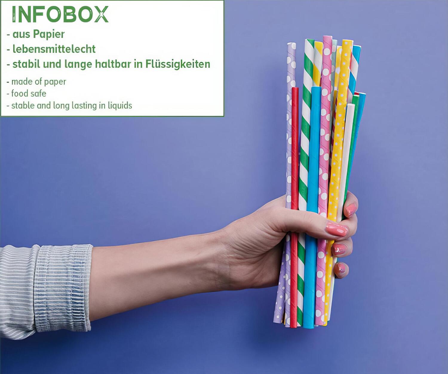 Trinkhalme aus Papier blau gestreift �6mm, 21cm, 100 Stk.