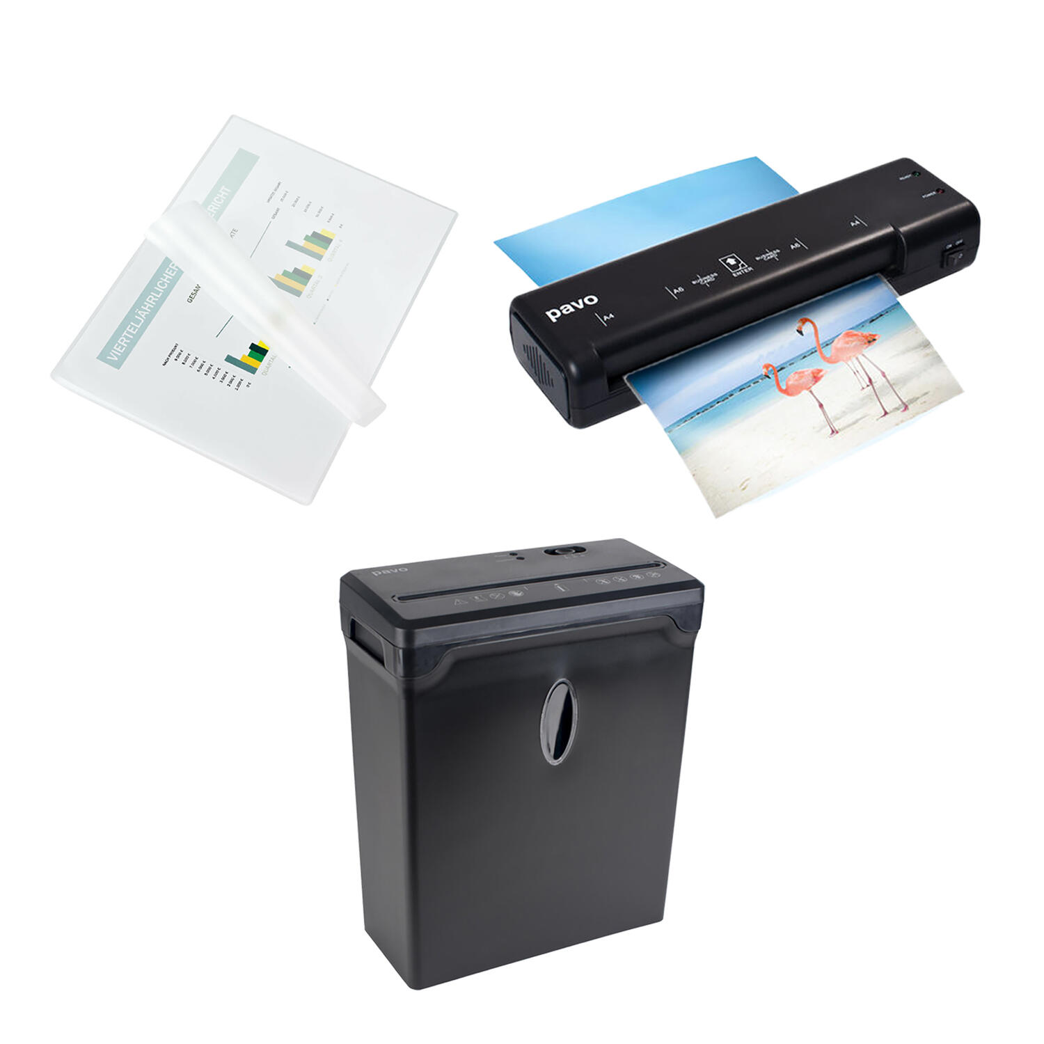 PAVO B�ro-Set Laminierger�t A4 Schwarz inkl. 30 Folien + Crosscut Aktenvernichter