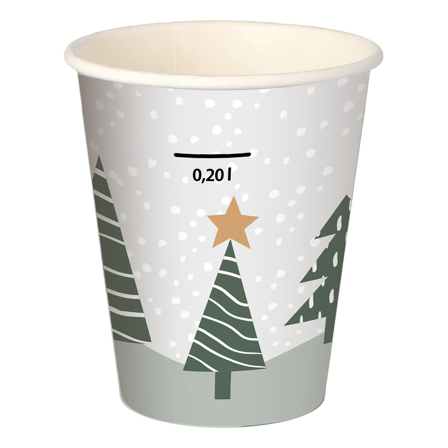 Heigetrnkebecher Pappbecher Tannenwald & Weihnachtsstern 200ml mit Eichstrich , 50 Stk.