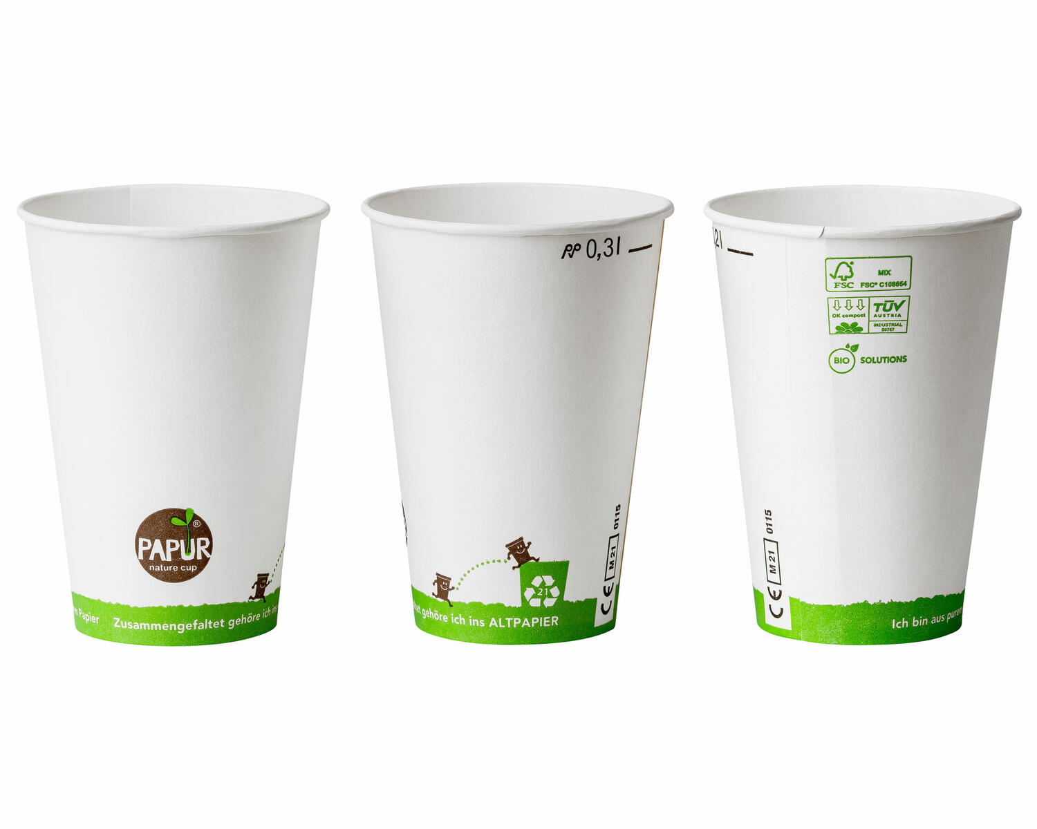 Bio Kaltgetr�nkebecher Pappbecher PAPUR mit CE Eichstrich 300 ml, 100 Stk.