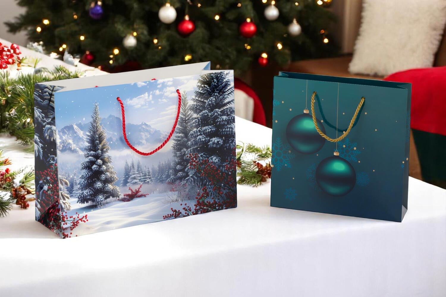 Luxus Papiertragetaschen 360+120x260mm Motiv Winterlandschaft in wei 190 g/m