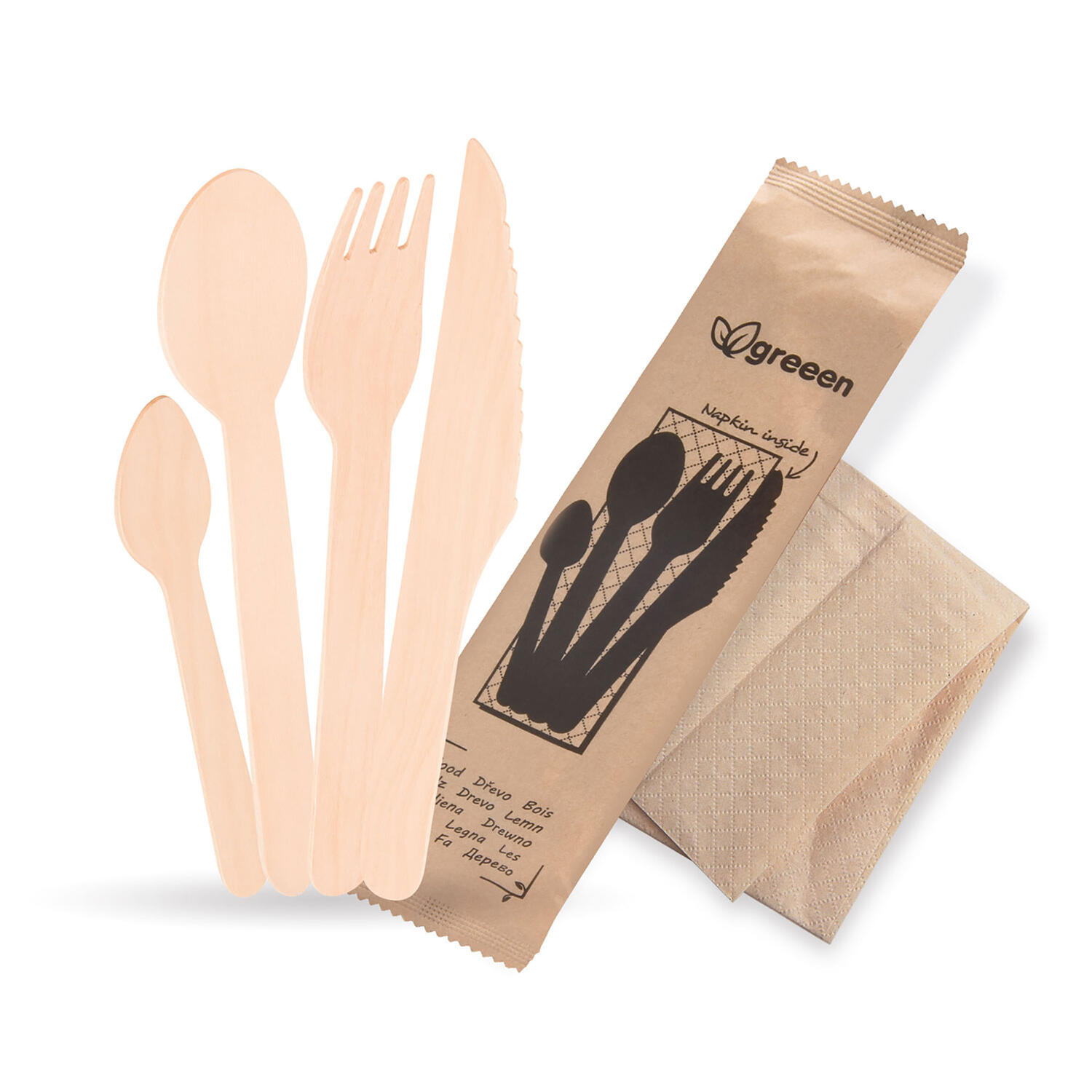 Bestecksets aus Holz biologisch abbaubar 5-teilig Gabel Messer L�ffel Kaffeel�ffel Serviette hygienisch verpackt, 50 Sets