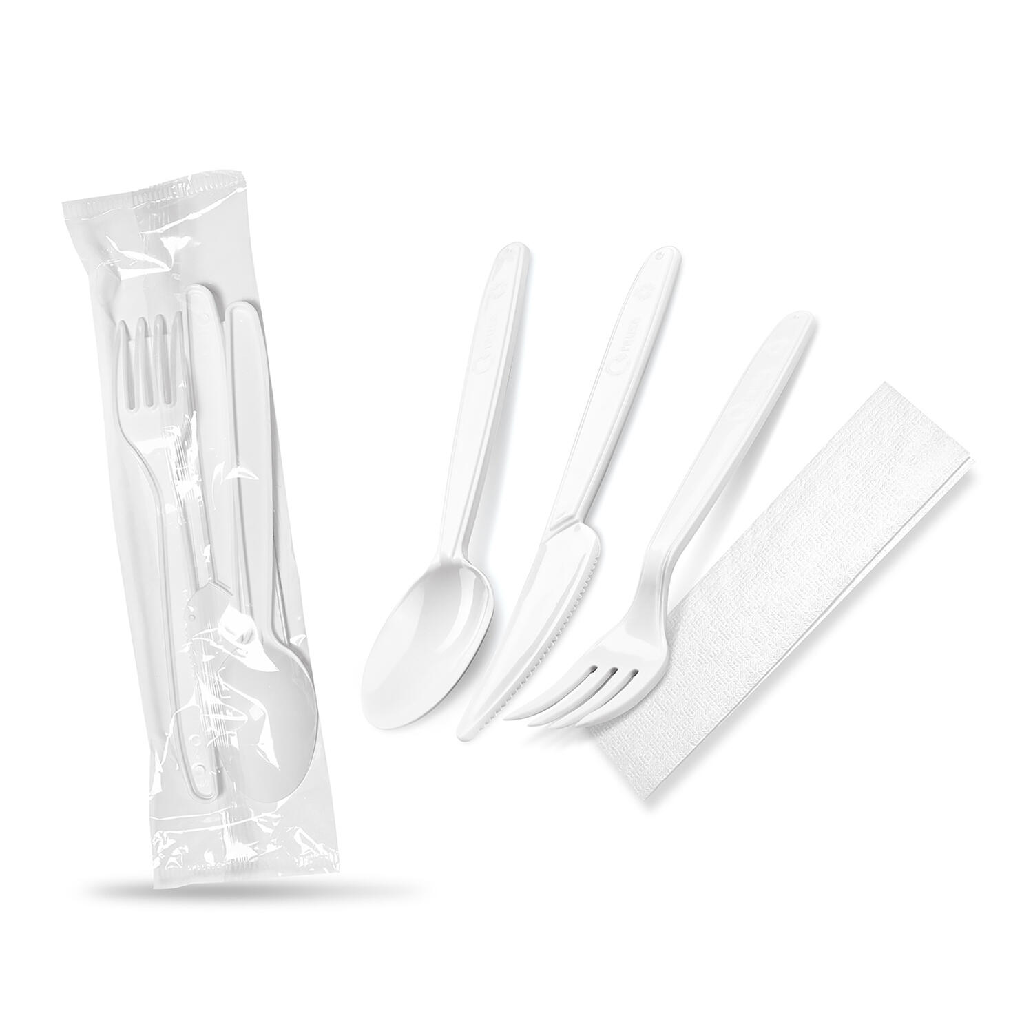 Bestecksets aus PP wiederverwendbar 125 Waschzyklen 4-teilig Gabel Messer L�ffel Serviette hygienisch verpackt, 250 Sets