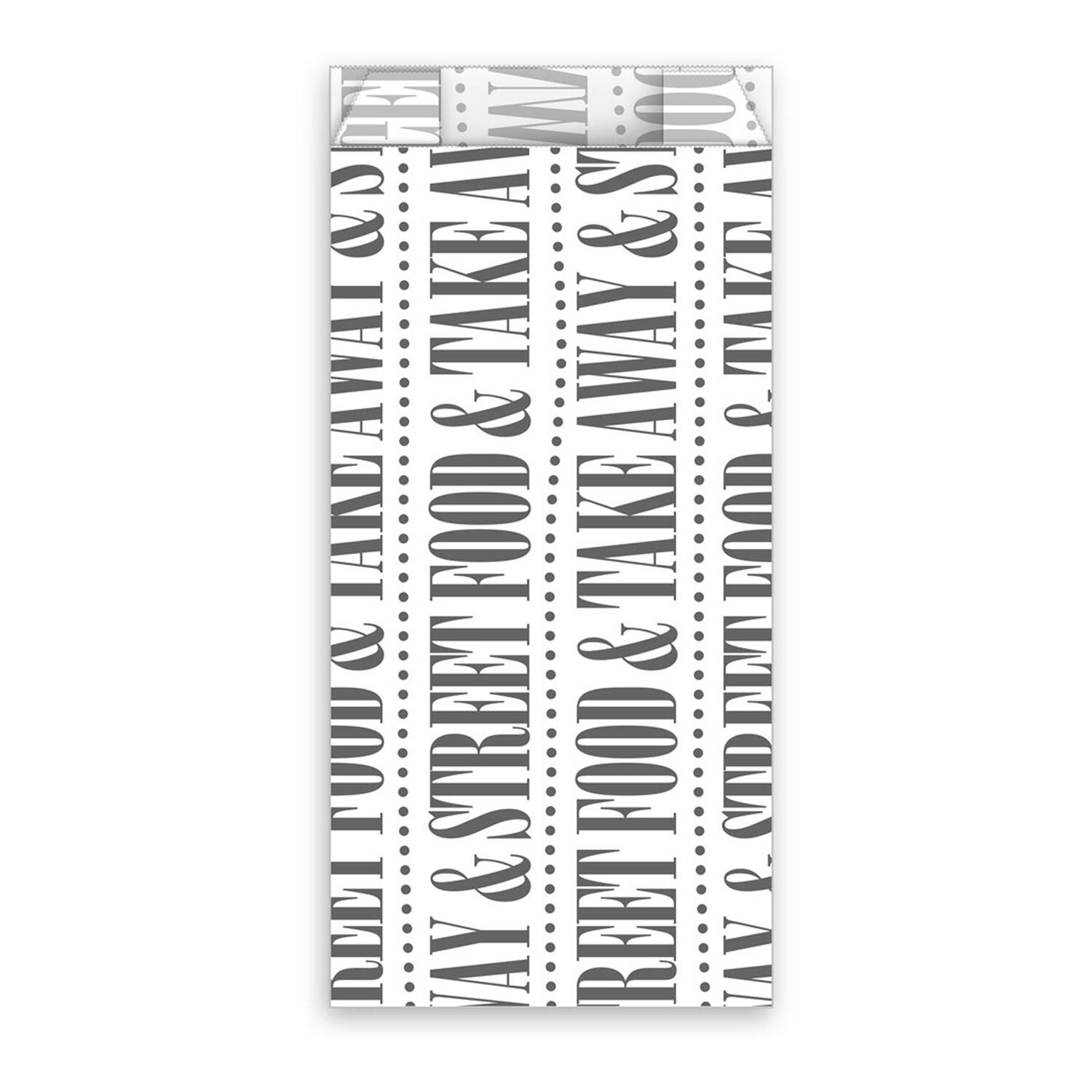 Papierbeutel FSC MIX fettdicht wei� mit Druck Street Food & take away, 8+4 x 17 cm, 300 Stk.