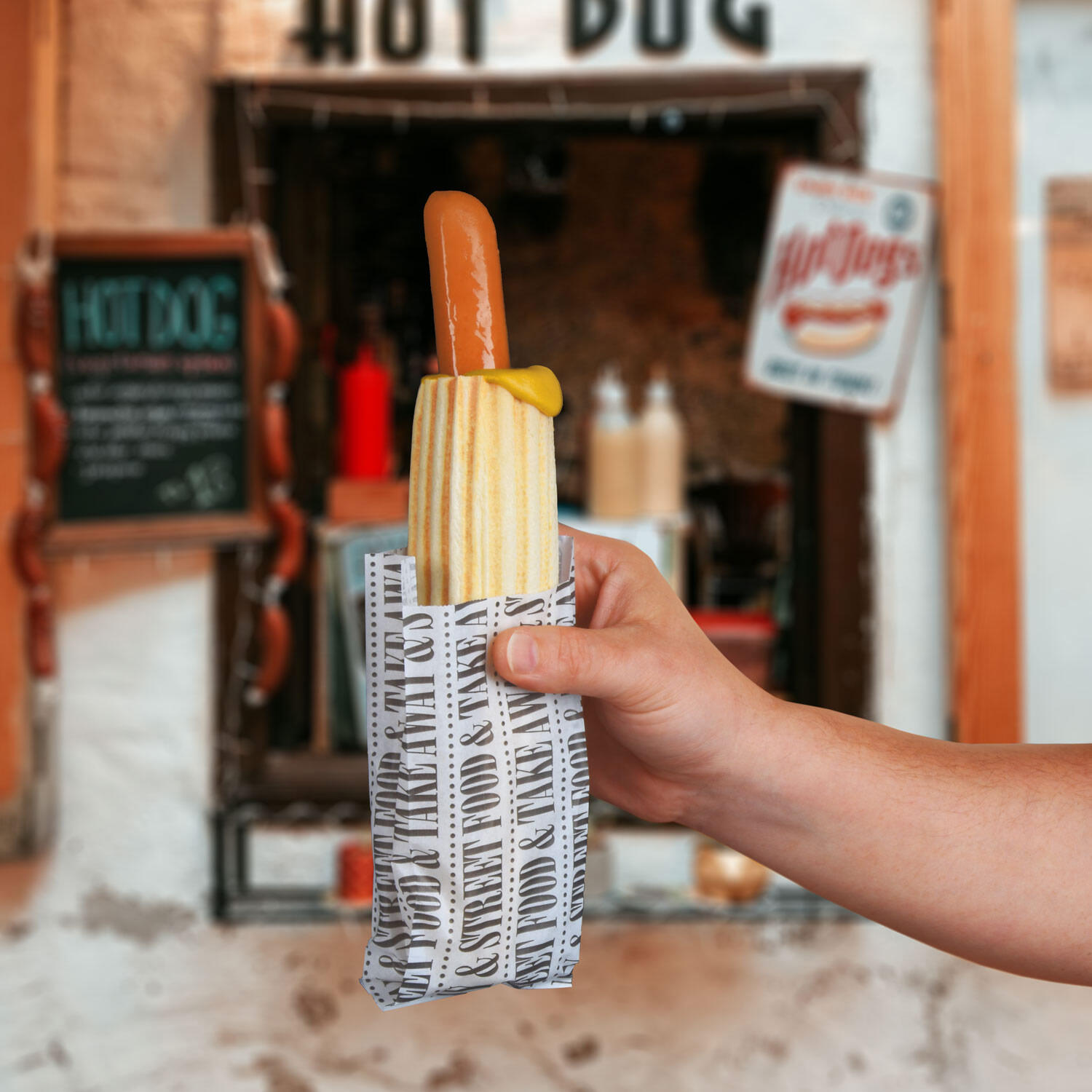 Papierbeutel FSC MIX fettdicht wei� mit Druck Street Food & take away, 8+4 x 17 cm, 300 Stk.
