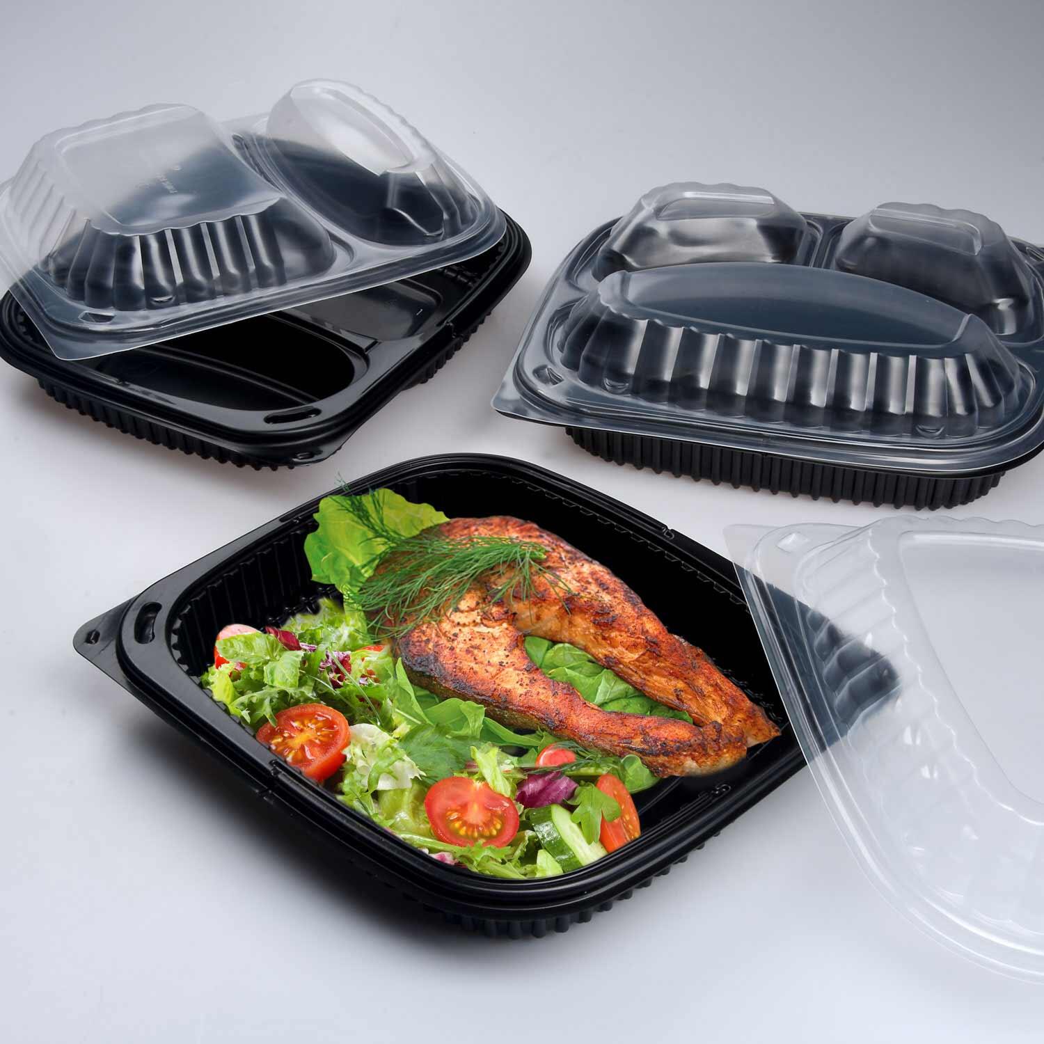 Mehrweg Men�schalen 2-geteilt 240 x 210 x 40 mm Mikrowellengeeignet schwarz 1100ml, 100 Stk.