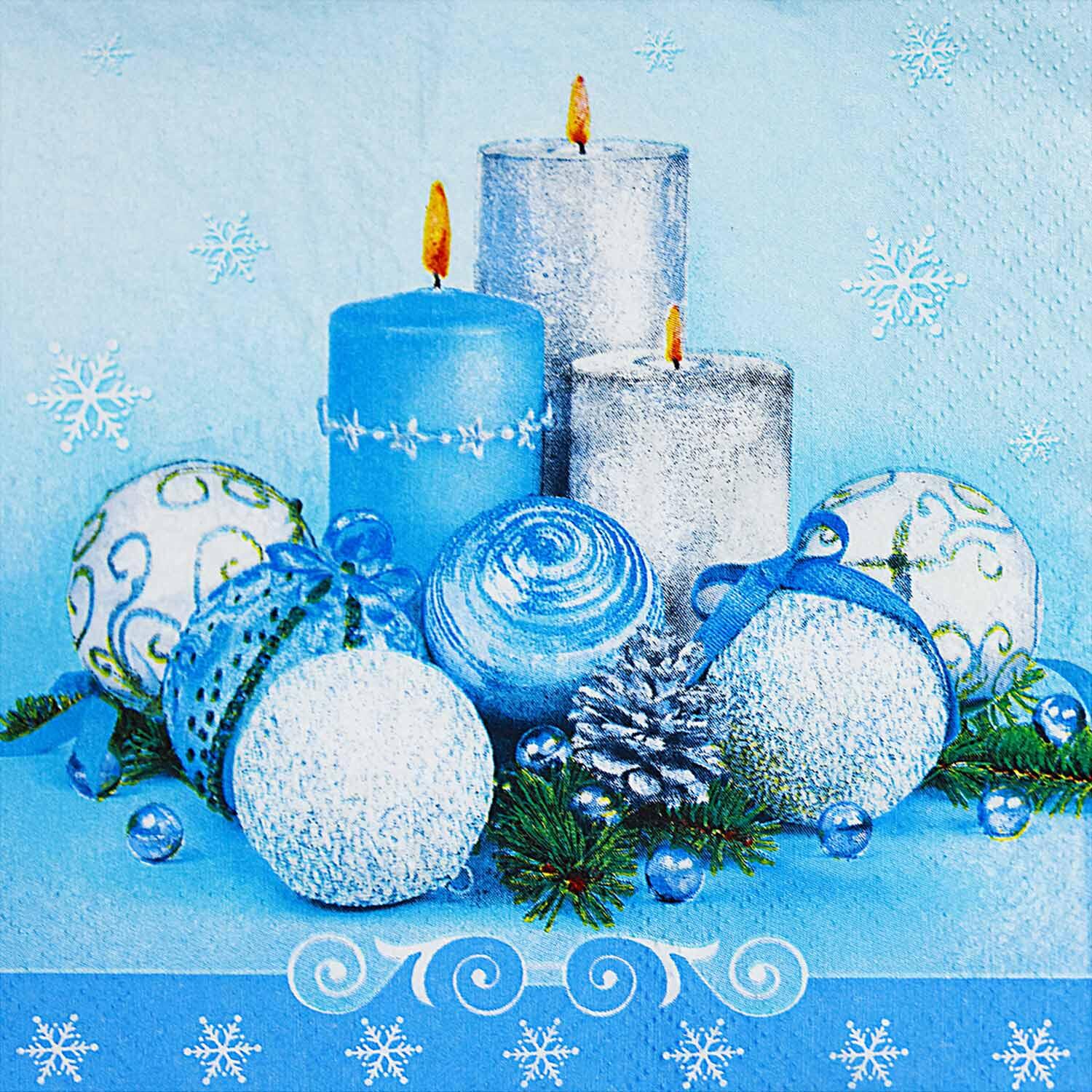 Weihnachtsservietten 3-lagig 33 x 33 cm blaue Kerzen und Kugeln, 20 Stk.