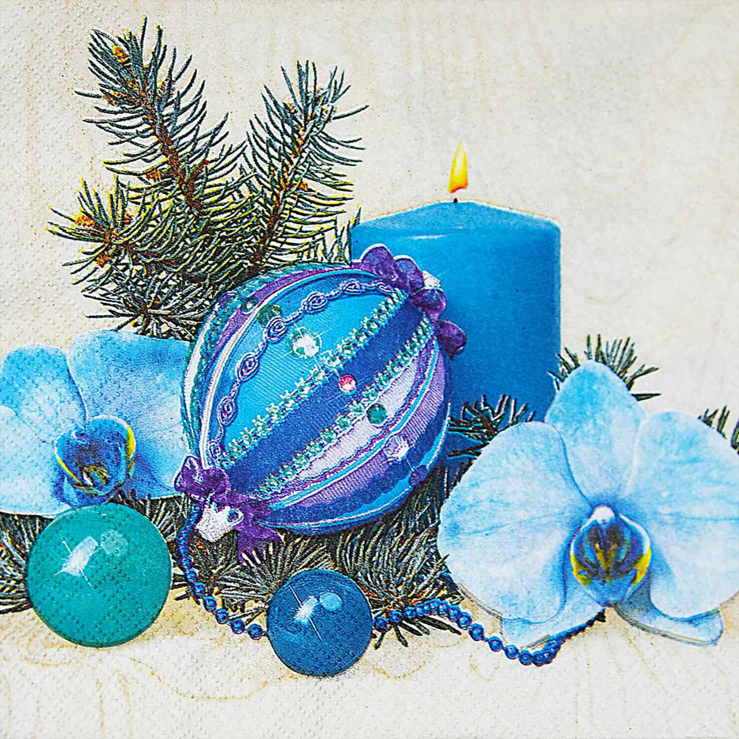 Weihnachtsservietten 3-lagig 33 x 33 cm blaue Kerze und Deko, 20 Stk.
